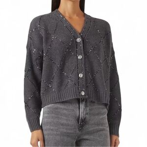NEW Size Small Christian Lacroix Wool Blend Sequin Argyle Grey Cardigan Sweater